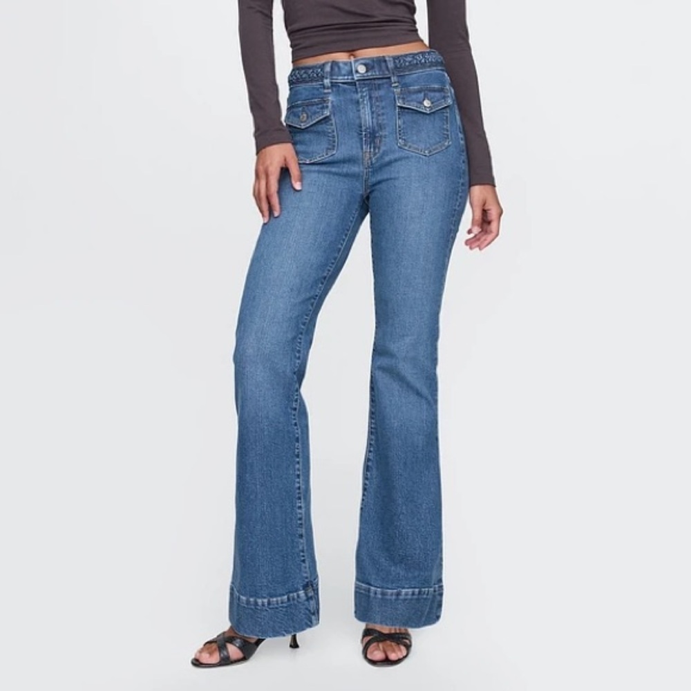 GAP High Rise 70s Flare Jeans Braided Waist Medium Blue Wash NWT